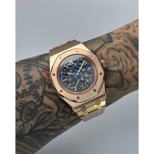  Custom Seiko Mod • Navy Skeleton Rose Gold AP No Logo • 42mm